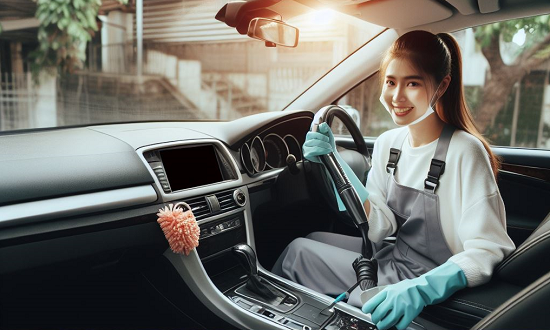 Person cleaning the dashboard of a car interior with a duster