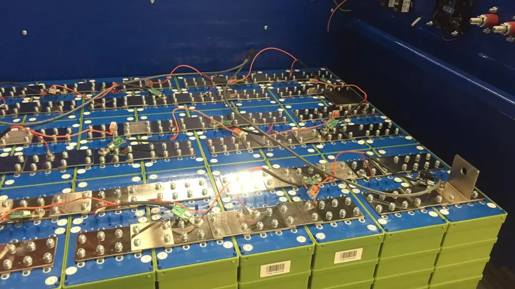 Row of large prismatic lithium iron phosphate battery cells