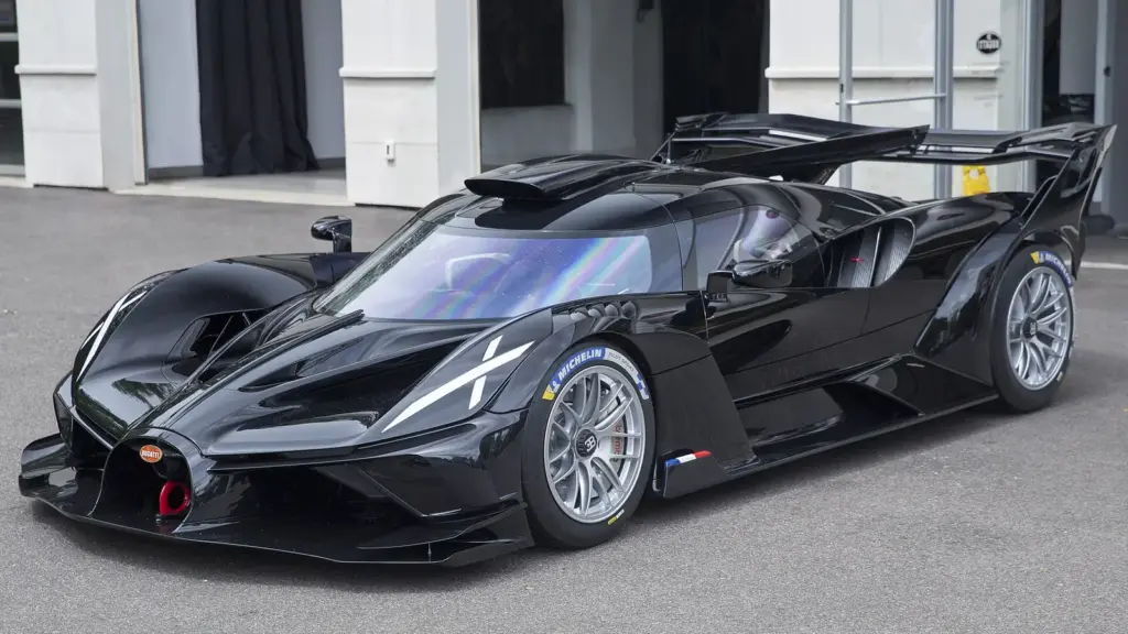 Black 2025 Bugatti Bolide track car at the Miller Motor Cars Legends Show
