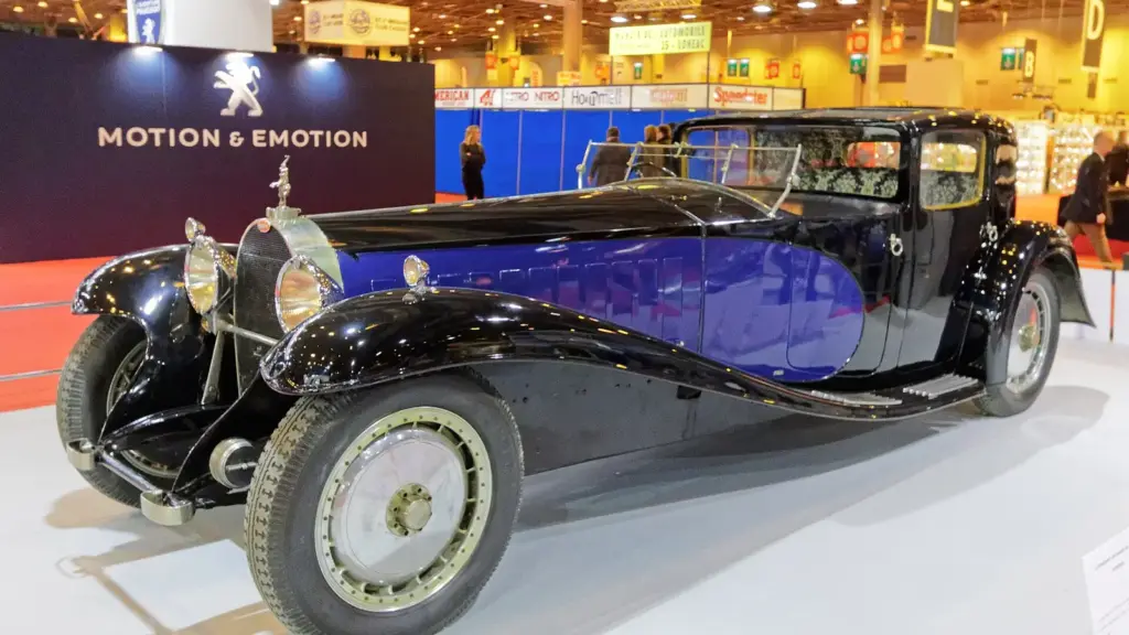 Black and blue Bugatti Royale Coupe Napoleon at Rétromobile 2015 in Paris