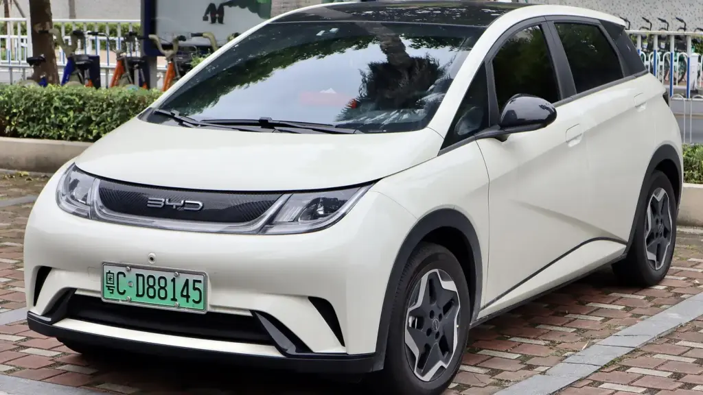 White BYD Dolphin electric hatchback in Zhuhai, China
