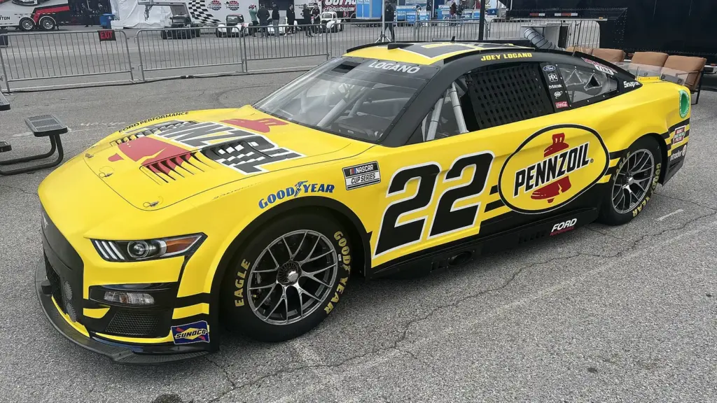Show car of Joey Logano's number 22 Team Penske Ford Mustang at Las Vegas Motor Speedway in 2024