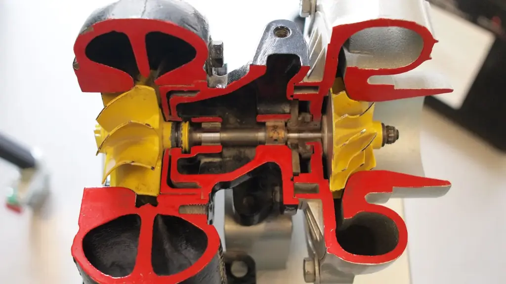 Turbocharger cut in half to show the turbine and compressor wheels