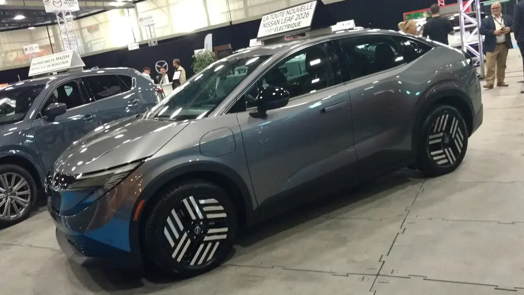 Third-generation 2026 Nissan Leaf at the Salon auto Lanaudière in Quebec