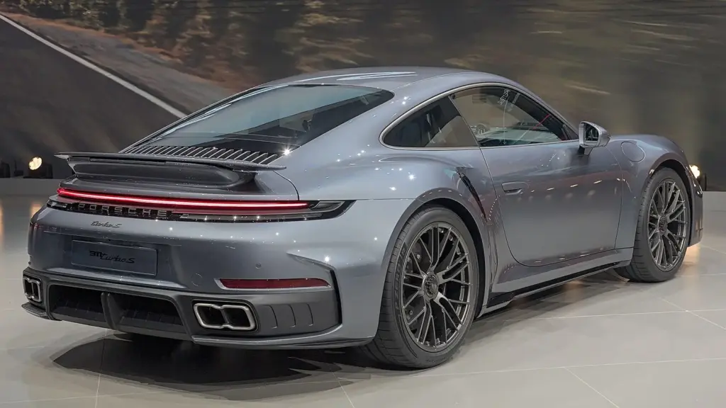 Grey Porsche 911 Turbo S coupe of the 992.2 generation at IAA Mobility 2025 in Munich