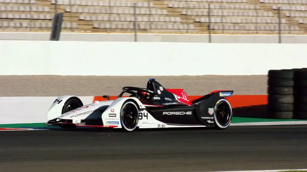 Pascal Wehrlein driving the Porsche 99X Electric in Formula E testing at Valencia in 2021