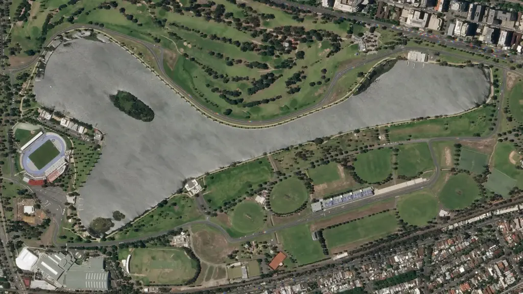 Satellite view of the Albert Park Grand Prix circuit around Albert Park Lake in Melbourne