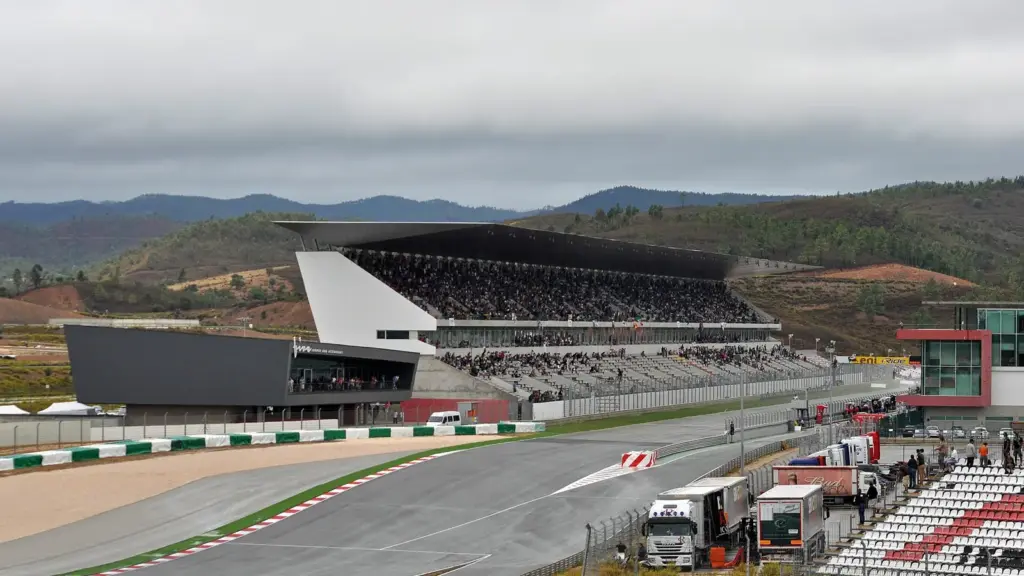 Race car on the hilly Algarve International Circuit in Portimão, Portugal