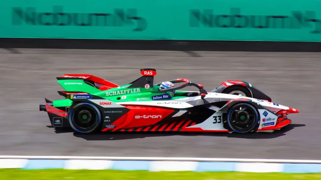 Formula E car racing at Autódromo Miguel E. Abed in Puebla, Mexico