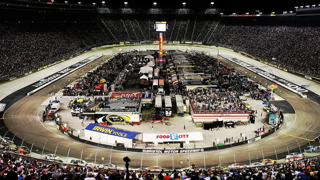 Packed grandstands around the short oval at Bristol Motor Speedway in Tennessee
