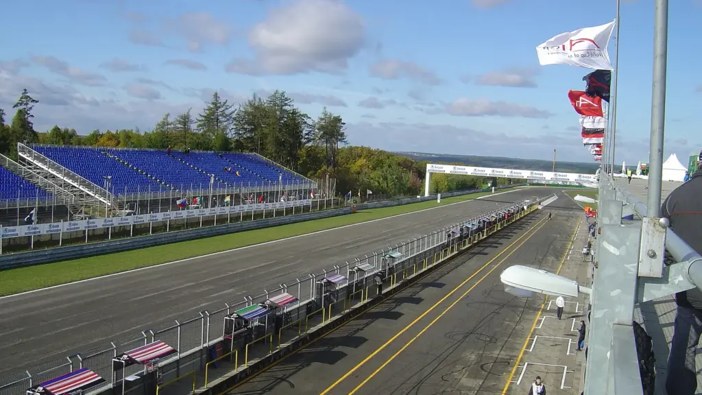 Start-finish straight and grandstands at the Brno Circuit in Czechia