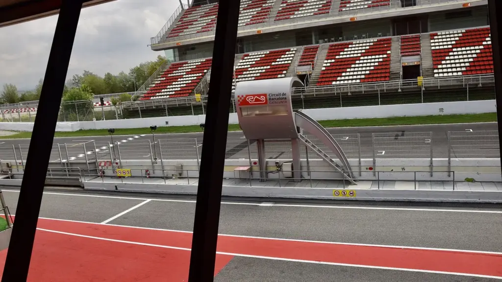 Race car on the main straight at Circuit de Barcelona-Catalunya in Montmeló, Spain