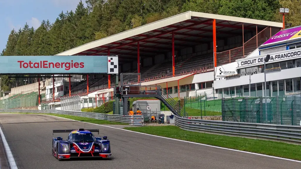 Le Mans prototype passing the grandstands at Circuit de Spa-Francorchamps in Belgium