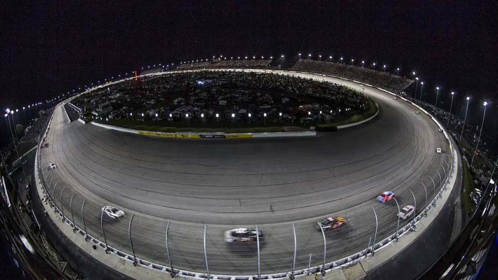 NASCAR cars racing on the egg-shaped oval at Darlington Raceway in South Carolina