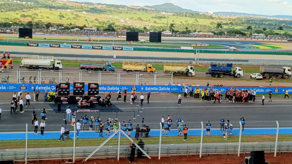 Pit straight and grandstands at the Goiânia circuit during the 2026 MotoGP weekend