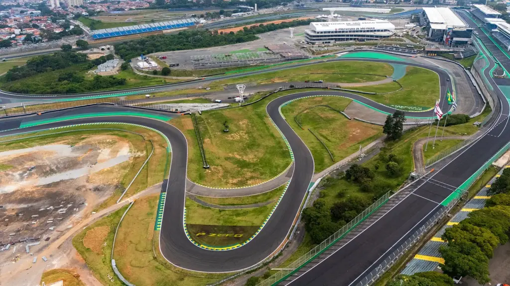Aerial view of the Interlagos circuit and its infield lake in São Paulo