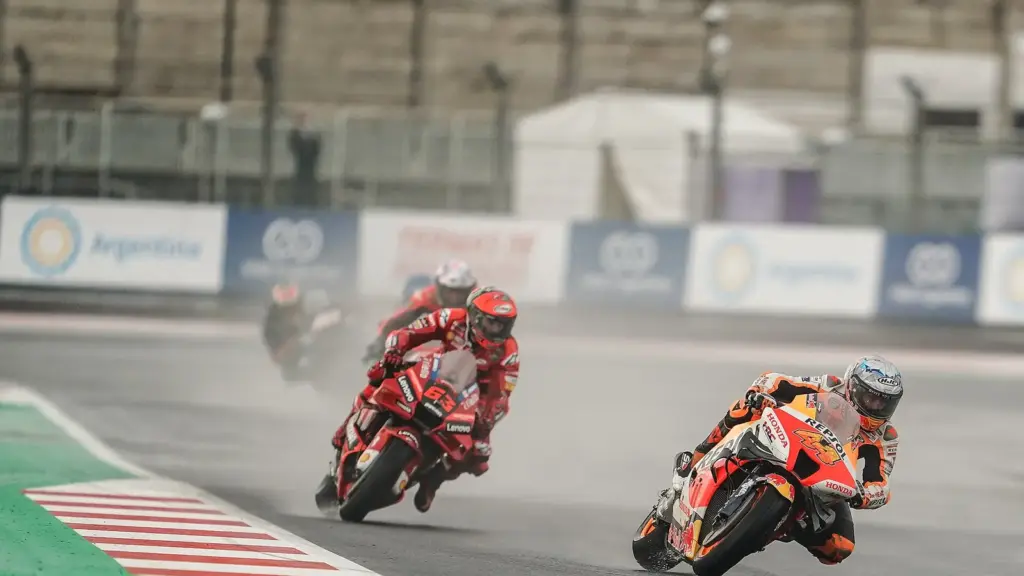 MotoGP riders in the wet at the Indonesian Grand Prix at Mandalika