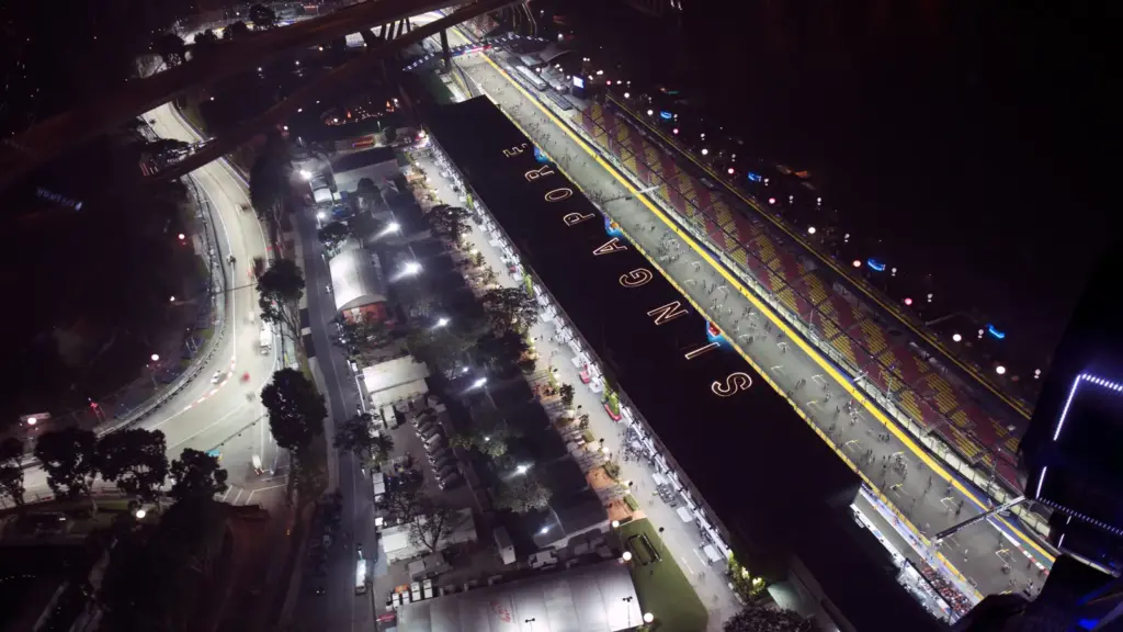 Pit building lit up at night during the Singapore Grand Prix at Marina Bay