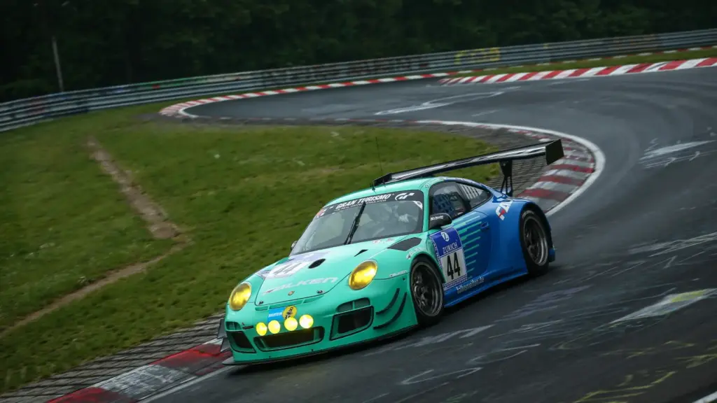 Porsche GT car on the Nordschleife during the Nürburgring 24 Hours in Germany