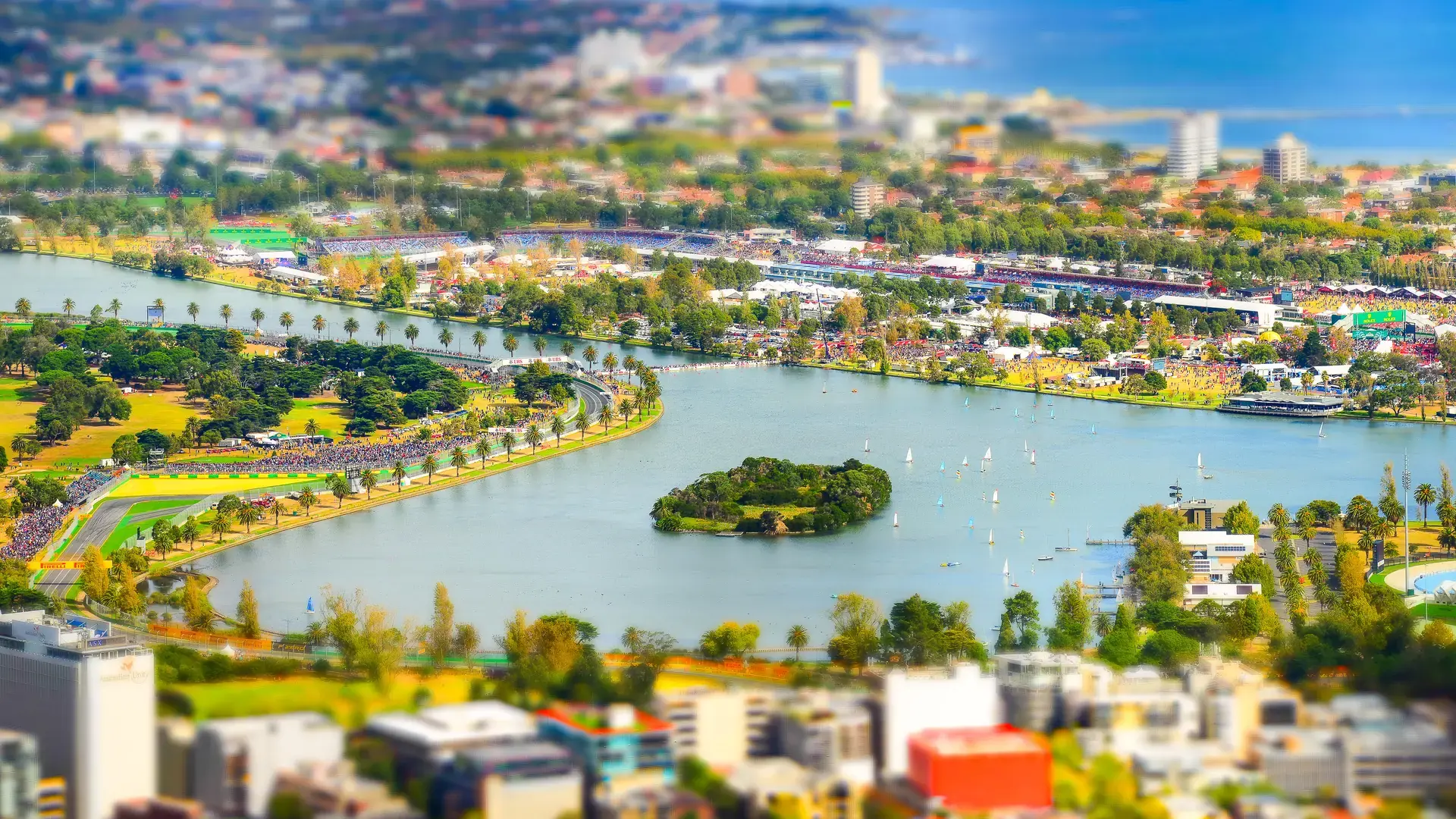 Albert Park and its lake laid out for the 2014 Australian Grand Prix, seen from the Eureka Skydeck in Melbourne
