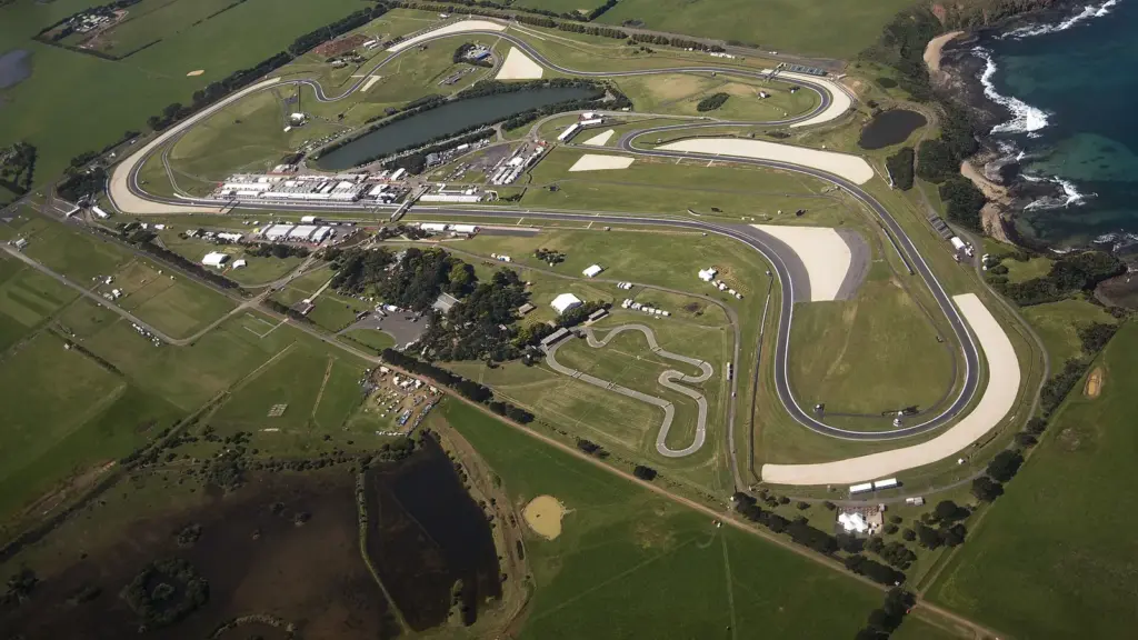 Aerial view of the Phillip Island Grand Prix Circuit beside Bass Strait