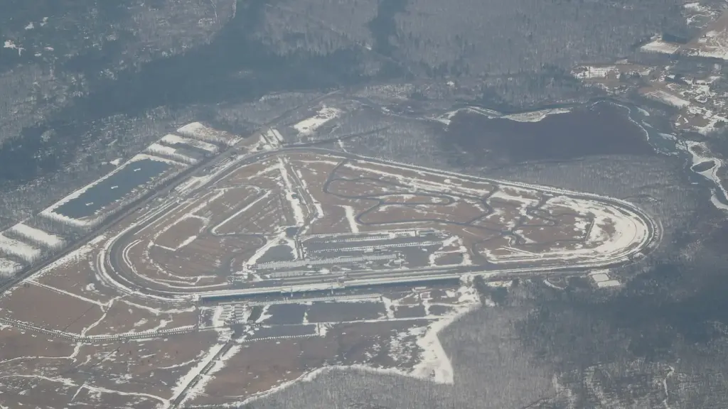 Aerial view of the triangular oval at Pocono Raceway in Pennsylvania