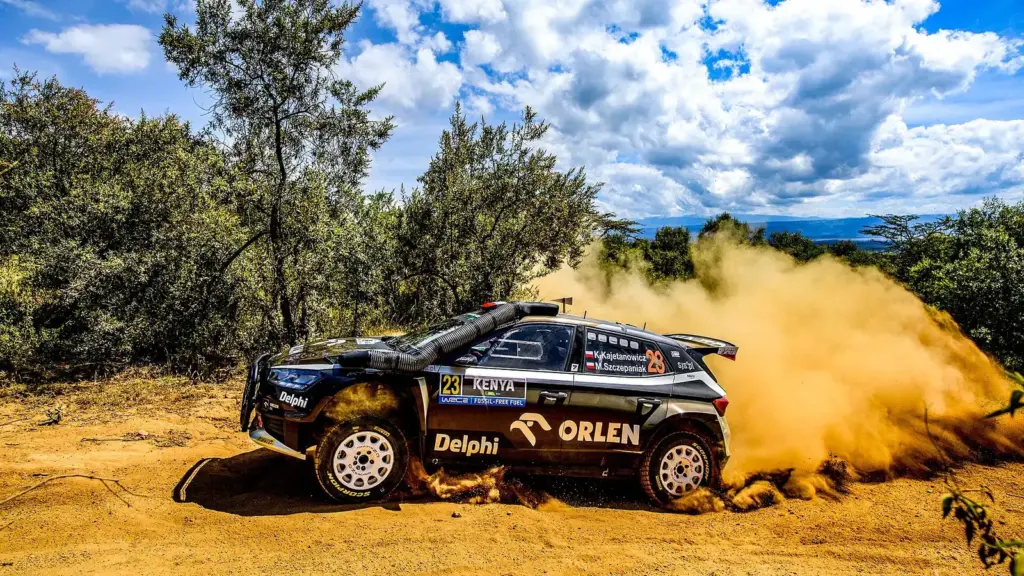 Kajetan Kajetanowicz on a dusty stage of the 2024 Safari Rally Kenya