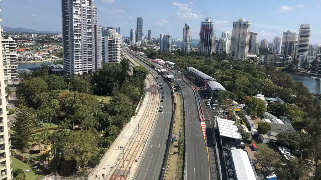 Aerial view of the Surfers Paradise street circuit and the Gold Coast skyline