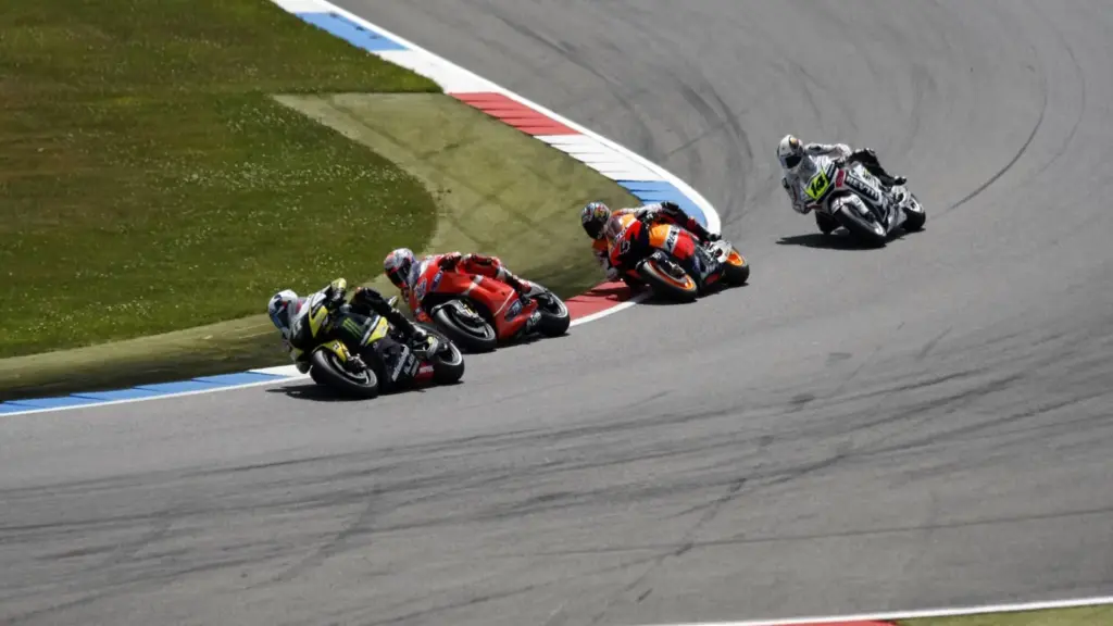 Motorcycles at the Geert Timmer corner during the Dutch TT at TT Circuit Assen