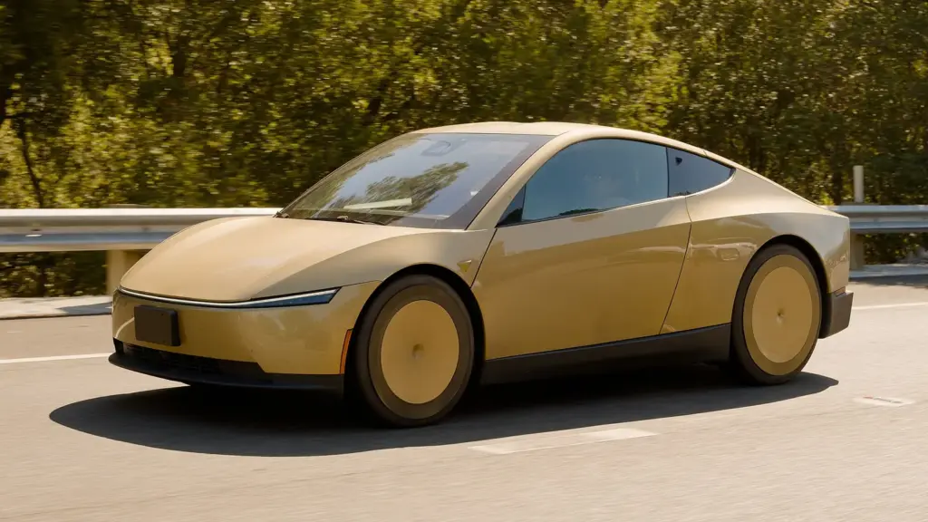 Gold Tesla Cybercab driving on Interstate 280 near Palo Alto, California, in September 2026