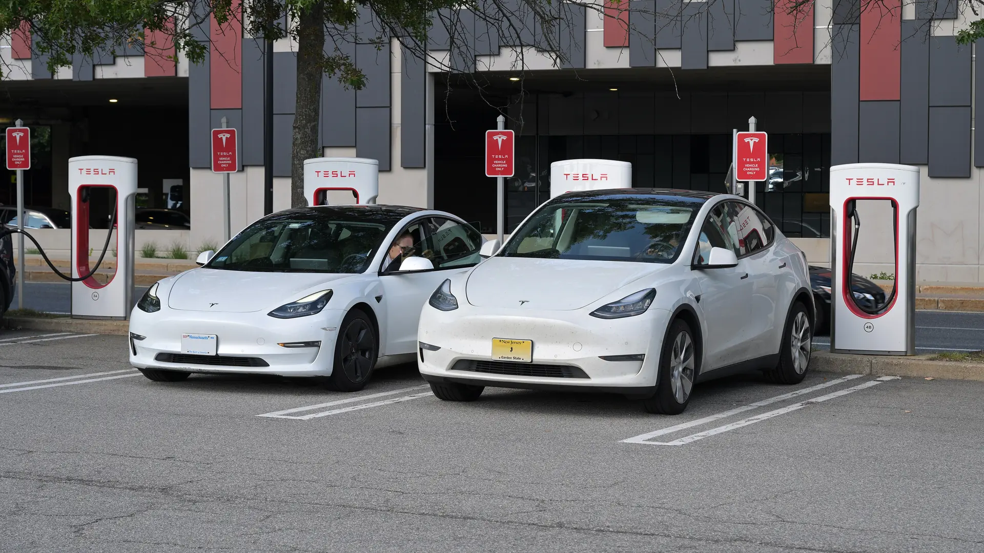 Tesla Model 3 and Model Y charging side by side at a Supercharger station in Framingham, Massachusetts