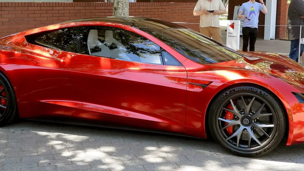 Red second-generation Tesla Roadster prototype at the Computer History Museum