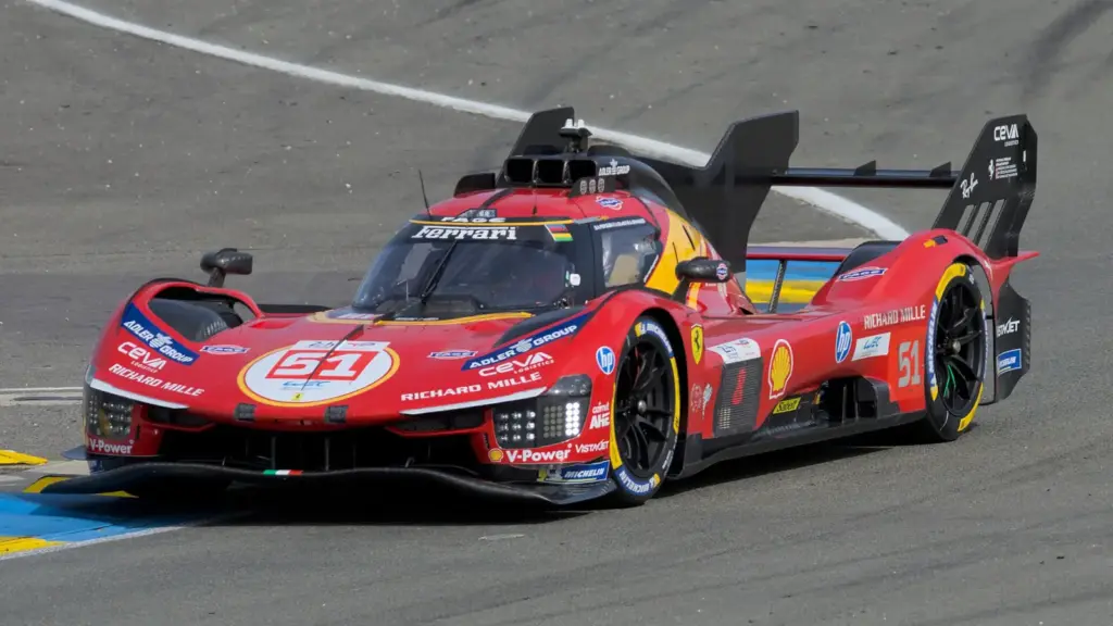 The No. 51 Ferrari 499P at the Ford Chicane during the 2026 Le Mans test day