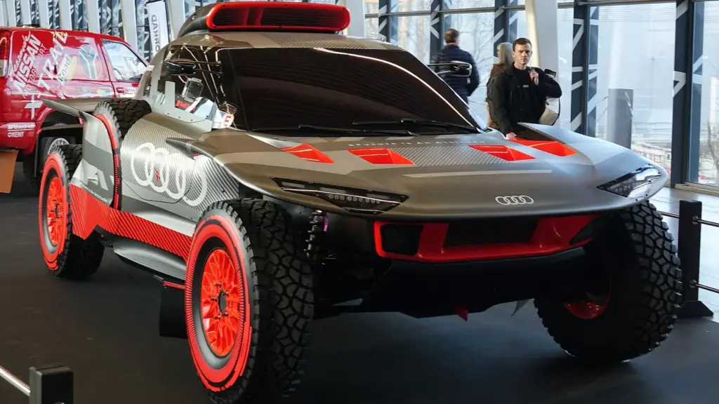 Audi RS Q e-tron Dakar car in the Paris-Dakar exhibition at Rétromobile 2024
