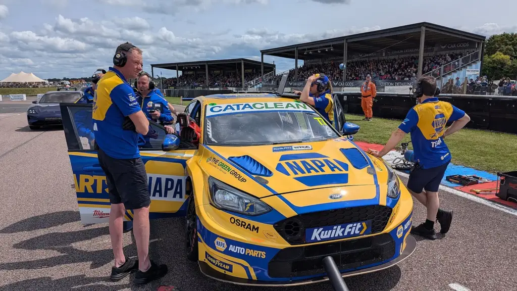 A British Touring Car Championship car on the starting grid at Thruxton in June 2025
