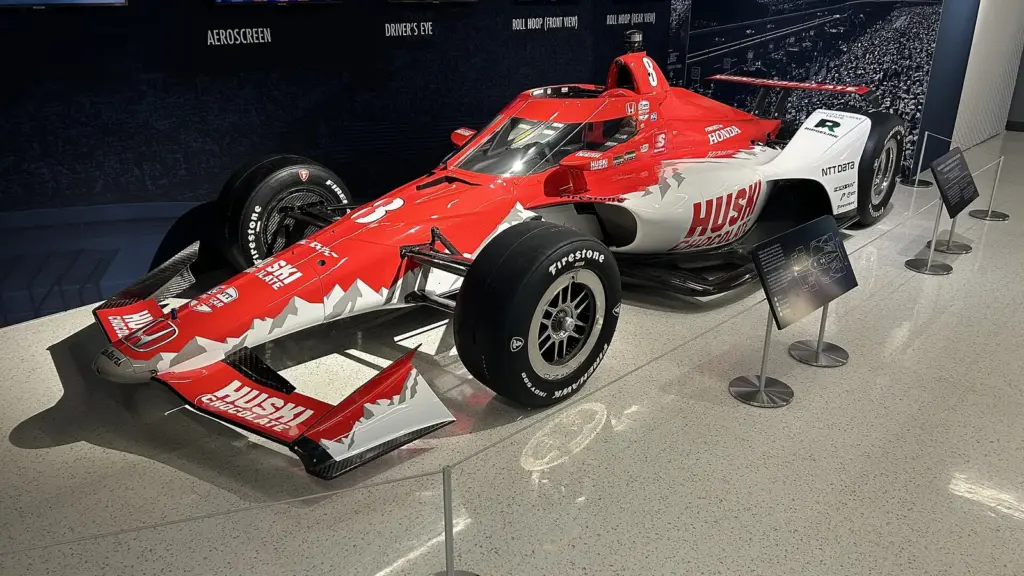 Marcus Ericsson’s 2022 Indianapolis 500-winning Chip Ganassi Racing Honda Dallara at the Indianapolis Motor Speedway Museum
