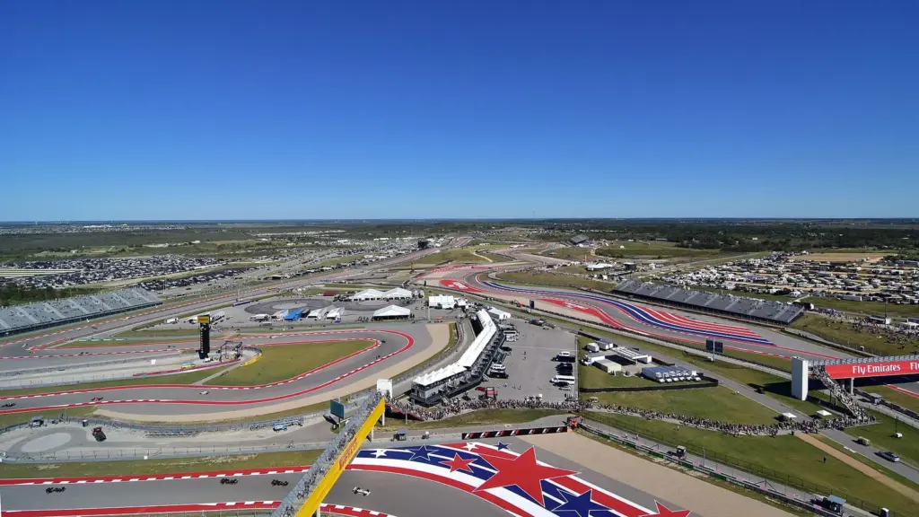 View east from the Circuit of the Americas observation tower over the Esses and the back half of the track