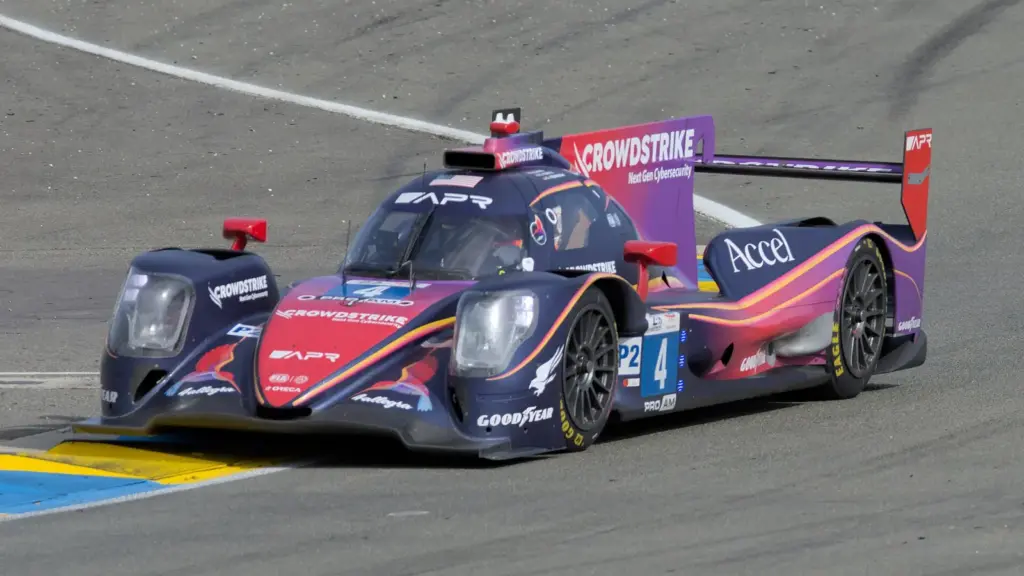 The No. 4 CrowdStrike Racing by APR Oreca 07-Gibson at the Ford Chicane during the 2026 Le Mans test day