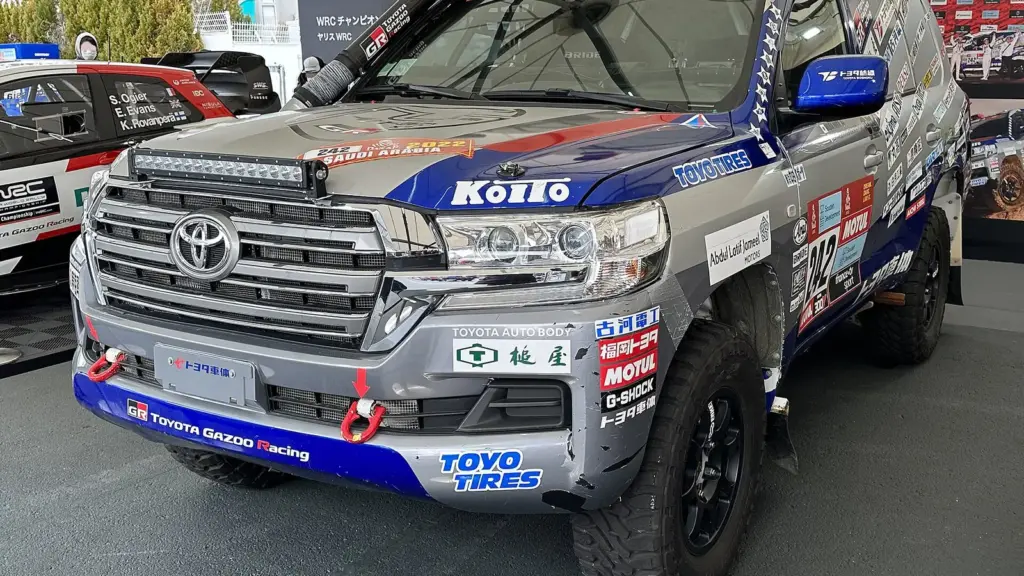 A Toyota Land Cruiser that raced in the 2022 Dakar Rally in Saudi Arabia, on display