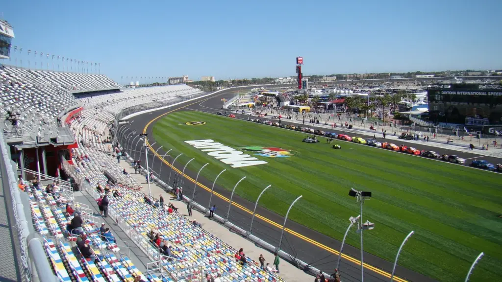 The banked tri-oval, frontstretch grandstands and infield at Daytona International Speedway, February 2011