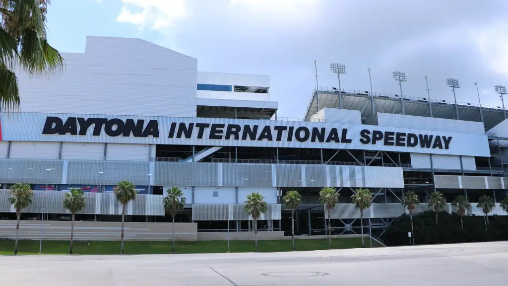 The Daytona Rising frontstretch grandstand at Daytona International Speedway from outside, 2024