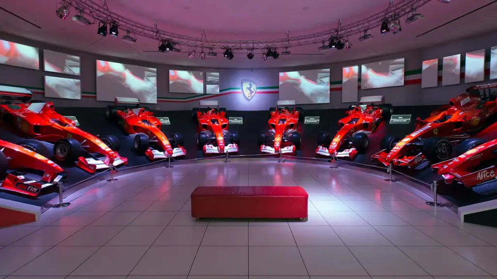 A row of Ferrari championship-winning Formula 1 cars at the Museo Ferrari in Maranello