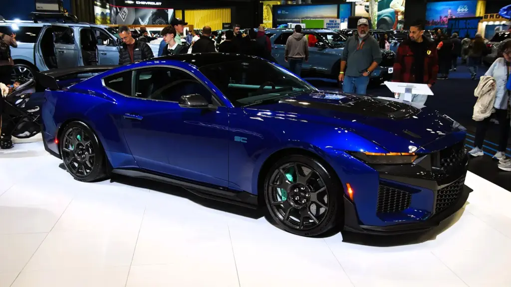 Blue 2026 Ford Mustang Dark Horse SC coupe at the 2026 New York International Auto Show