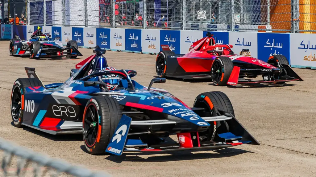 Formula E Gen3 cars racing at the 2023 Berlin E-Prix