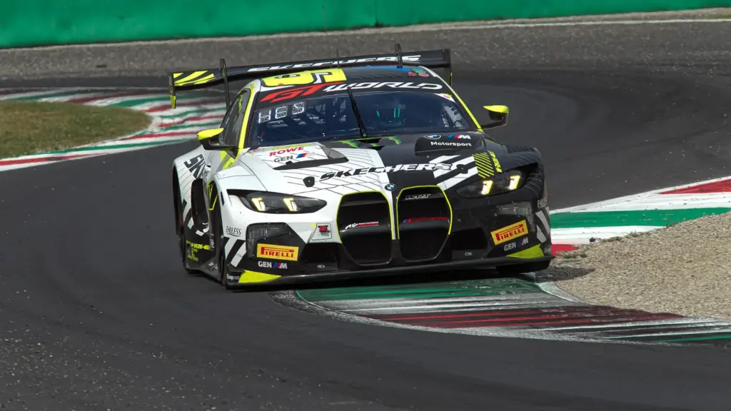 A Rowe Racing BMW M4 GT3 Evo exiting the Ascari chicane during practice for the 2026 GT World Challenge Europe round at Monza