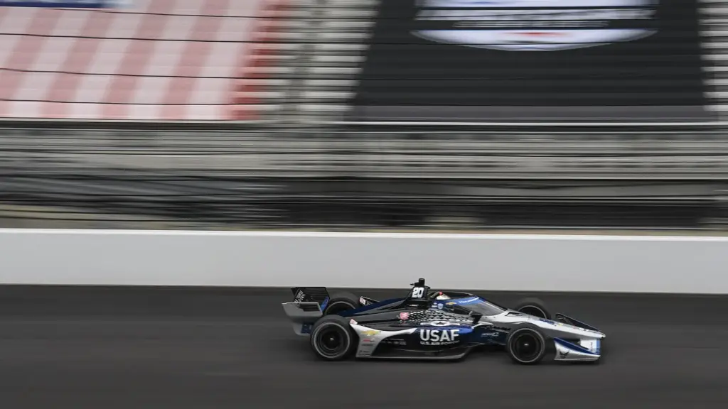An IndyCar on the straightaway during the August 2021 IndyCar Grand Prix weekend at Indianapolis Motor Speedway