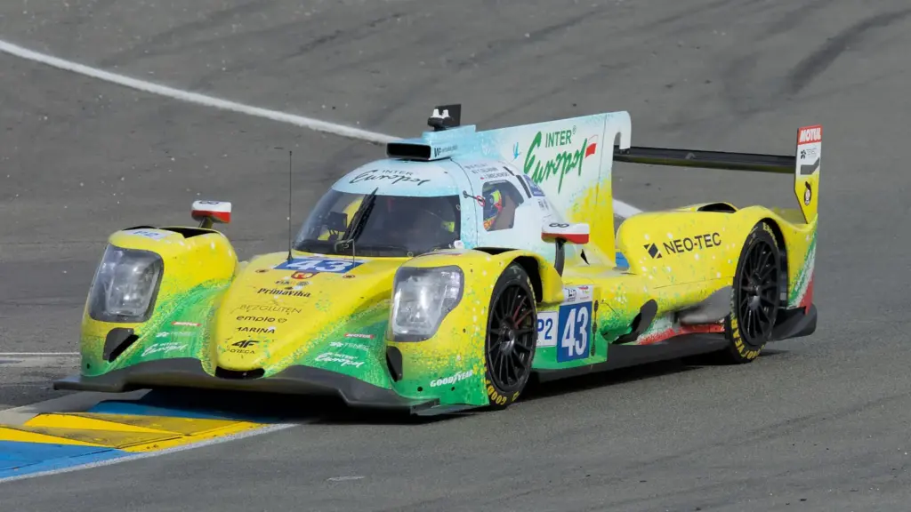 The No. 43 Inter Europol Competition Oreca 07-Gibson at the Ford Chicane during the 2026 Le Mans test day