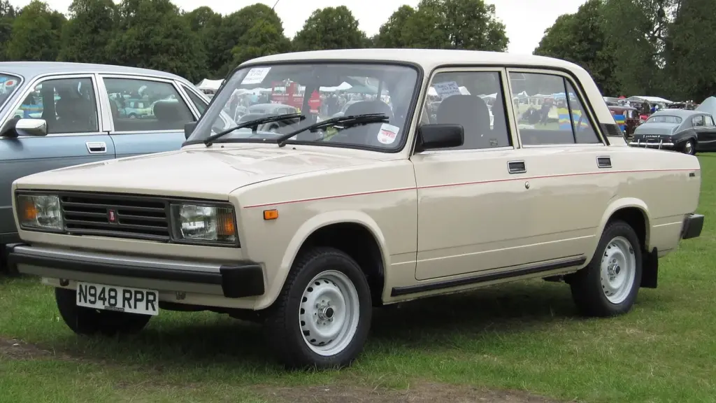 Beige 1995 Lada 2107, sold as the Riva, parked at a show