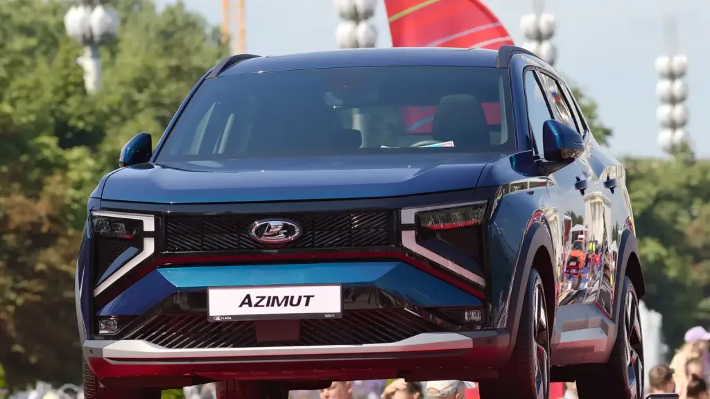 Blue 2027 Lada Azimut crossover on display at a Moscow car show in 2026