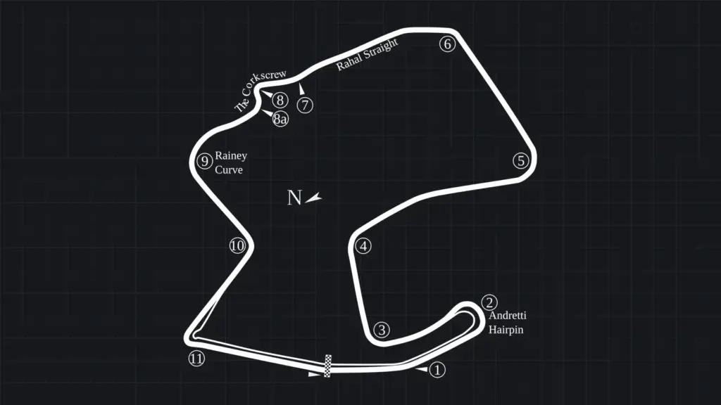 Track map of WeatherTech Raceway Laguna Seca showing all eleven turns and the Corkscrew